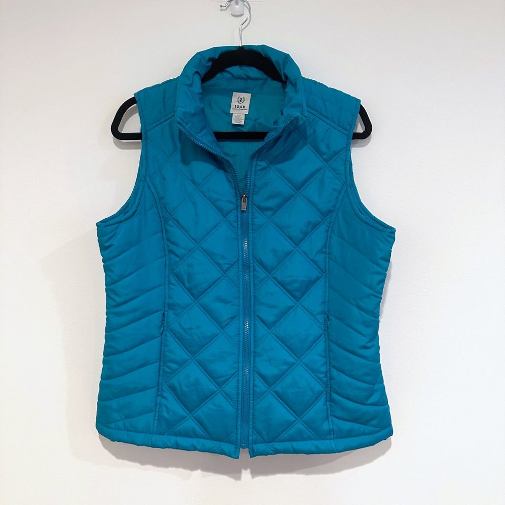 NWOT, Izod, Sky Blue Turquoise Quilt Pattern Zip-Up Vest Jacket, Size Large